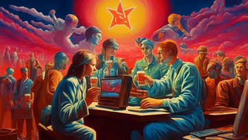 Image honteusement générée par l’IA fusionbrain avec la phrase 'psychedelic painting with young workers drinking beer and using soviet computers, with a lot of communist statues in the background'